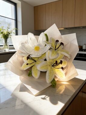 Handcrafted Cream & Yellow Wool Flower Bouquet - Unbranded